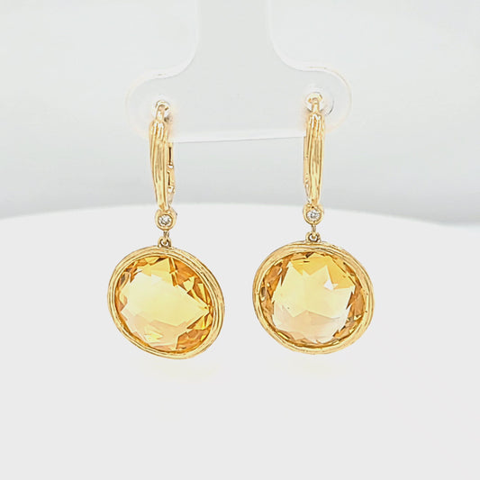 Round Citrine Dangle Earrings in Yellow Gold