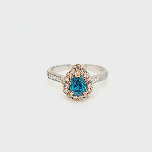Pear Shaped Blue Zircon with Diamond Milgrain Halo Ring
