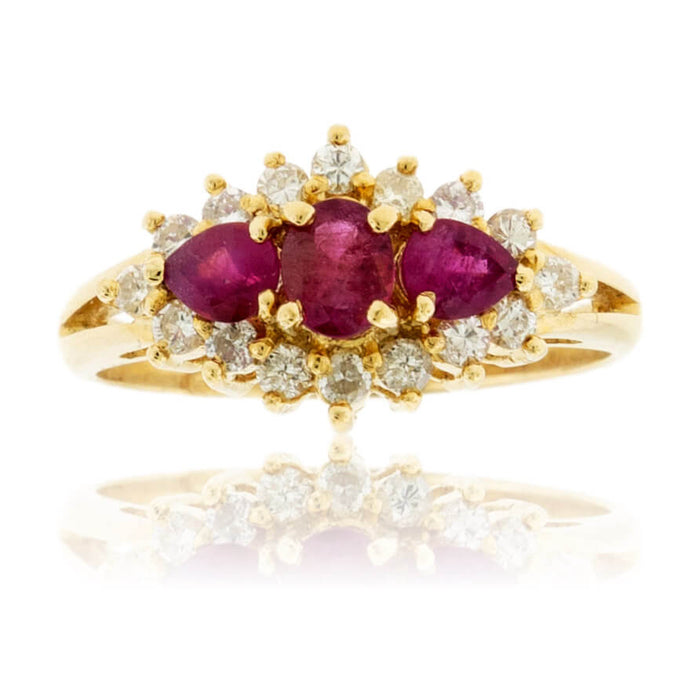 3 Stone Red Emerald and Diamond Classic Halo Ring - Park City Jewelers