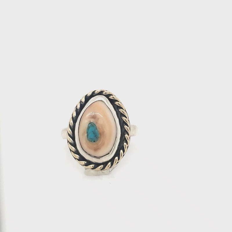 Elk Ivory Tooth Trophy Braided Ring with Turquoise Inlay