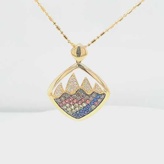 Rainbow Sapphire, Gemstone, and Diamond Mountain Scene Pendant