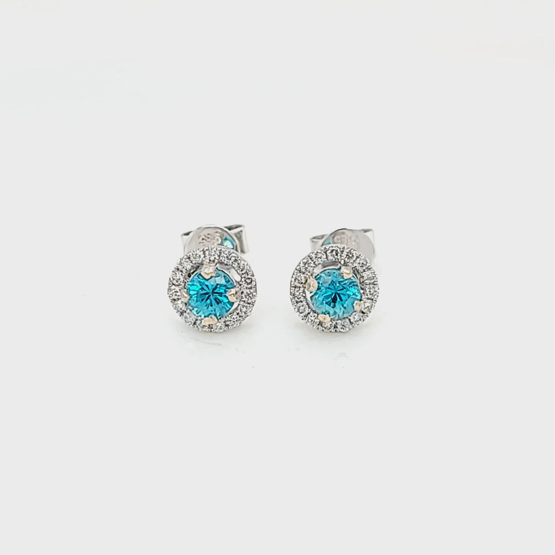 Round Blue Zircon & Diamond Halo Stud Post Earrings