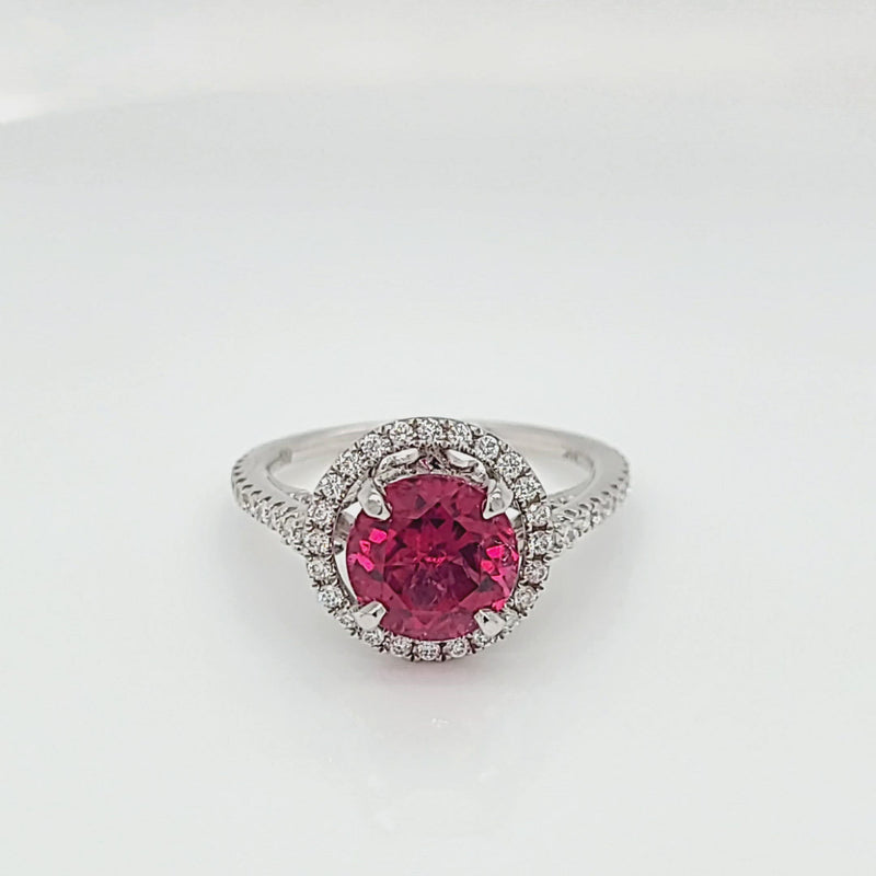 Round Pink Tourmaline Rubelite and Diamond Halo Ring
