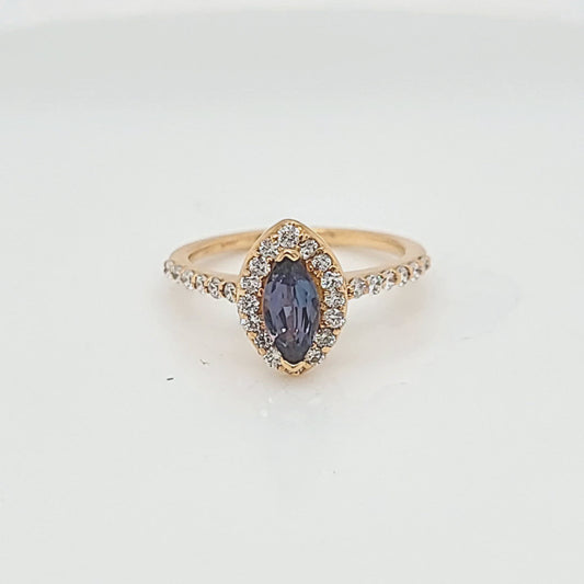 Marquise-Shape Alexandrite & Diamond Halo Diamond Shank Ring