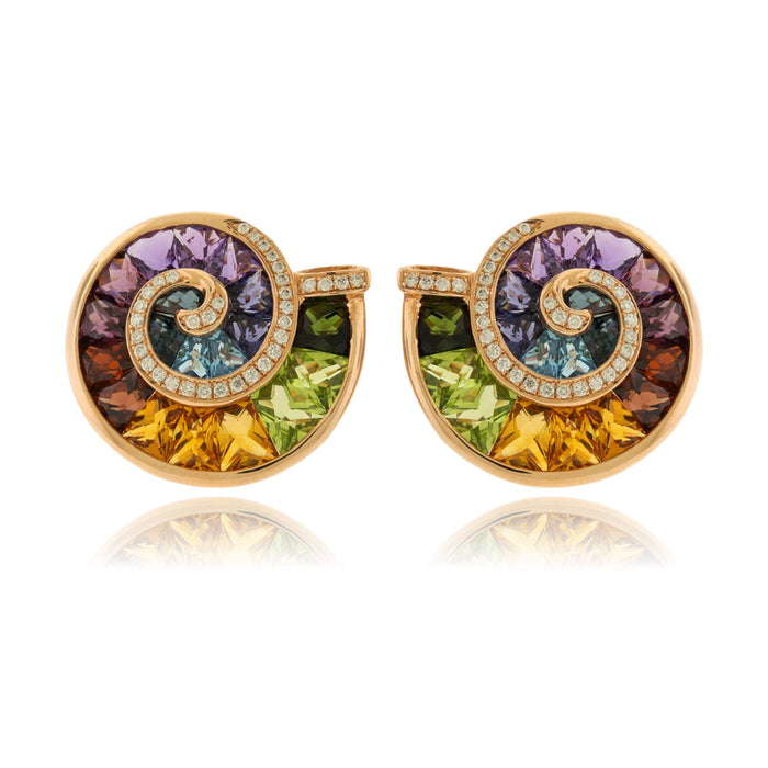 Ammonite Style Rainbow Mixed Gemstone & Diamond Earrings - Park City Jewelers