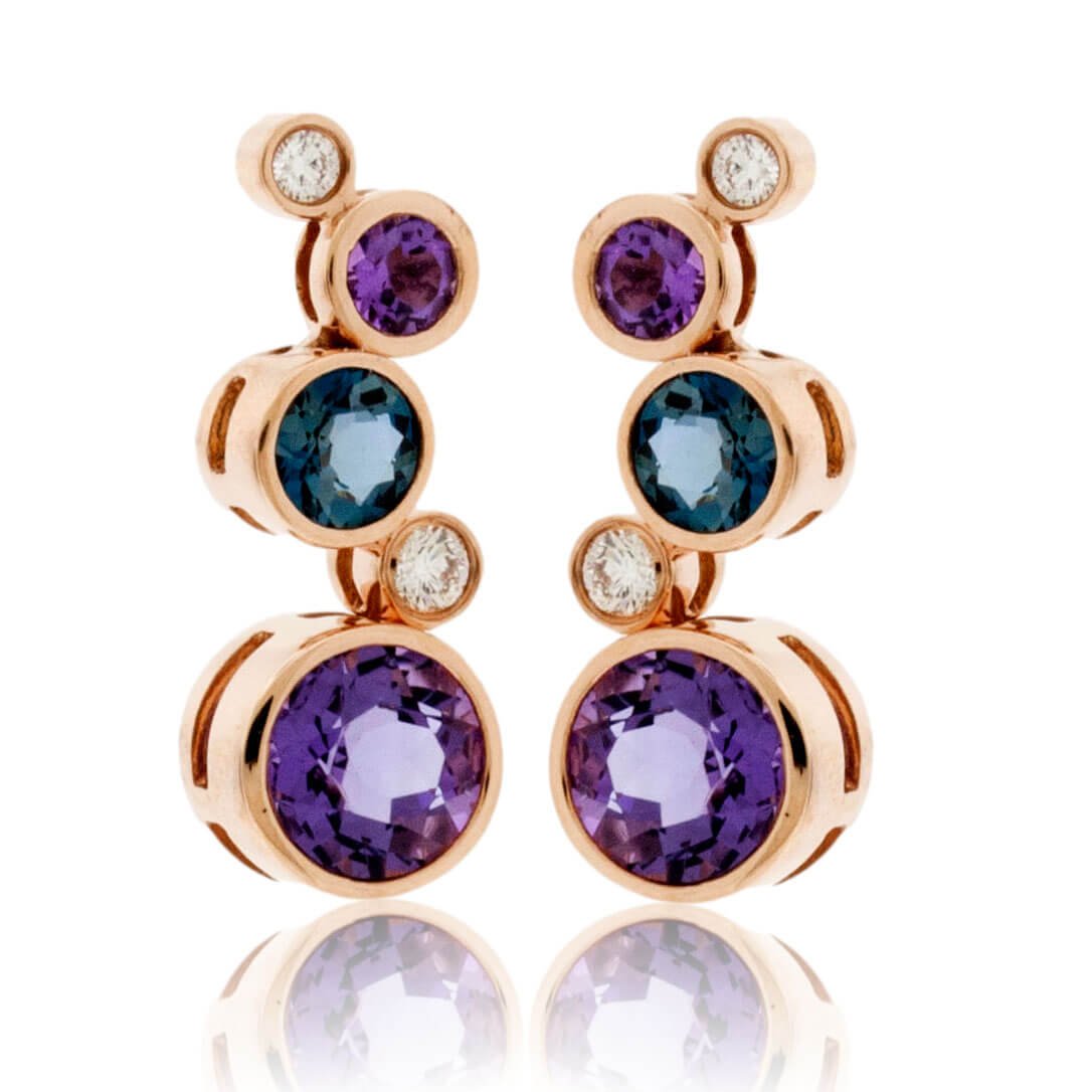 Bezel Set Round Amethyst, Blue Topaz & Diamond Floating Bubble Earrings - Park City Jewelers