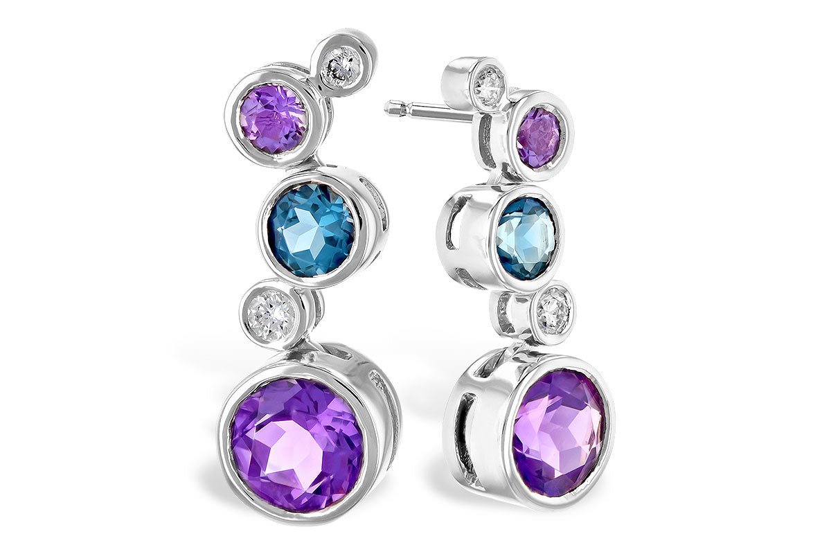 Bezel Set Round Amethyst, Blue Topaz & Diamond Floating Bubble Earrings - Park City Jewelers