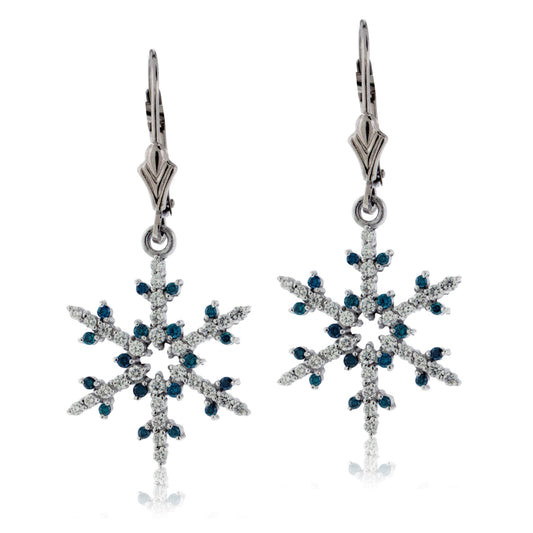 Blue Diamond Tipped and Diamond Snowflake Leverback Earrings - Park City Jewelers