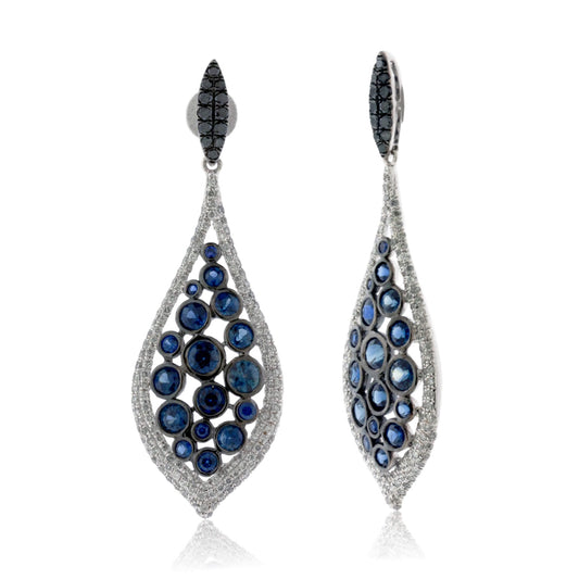 Blue Sapphire, Black Diamond & Diamond Dangle Earrings - Park City Jewelers