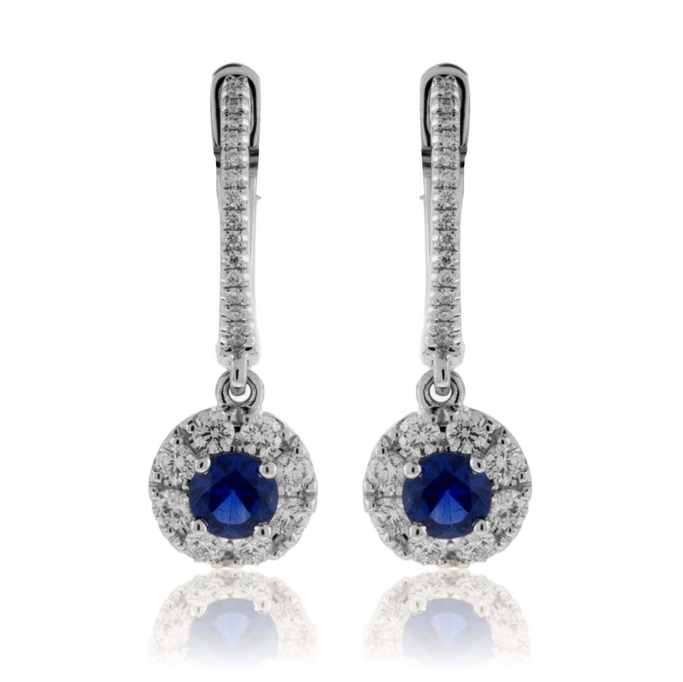 Blue Sapphire & Diamond Drop Halo Earrings - Park City Jewelers
