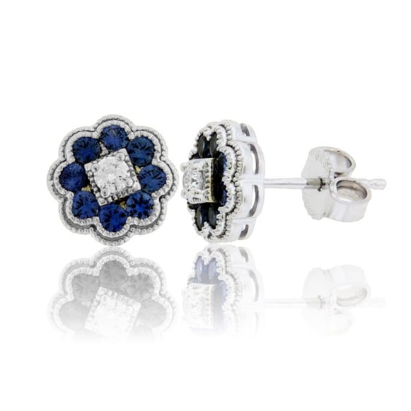 Blue Sapphire & Diamond Milgrain Halo Stud Earrings - Park City Jewelers