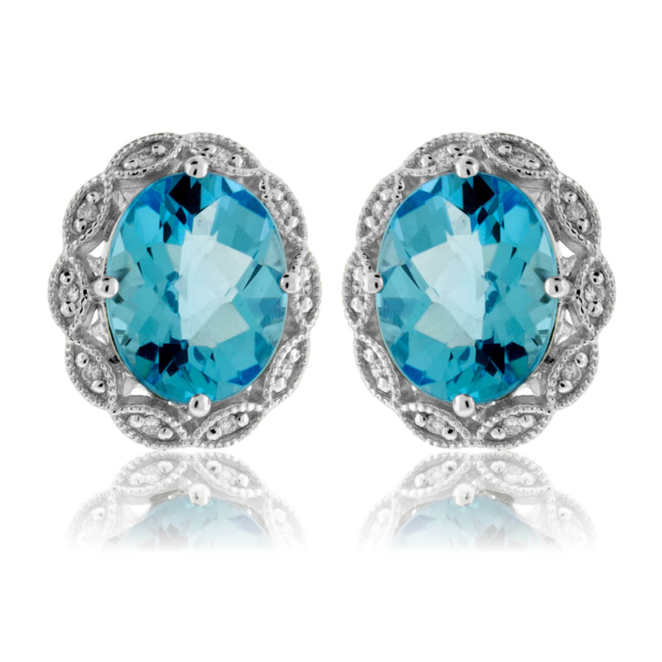 Blue Topaz Oval & Diamond Scalloped Halo Earrings - Park City Jewelers