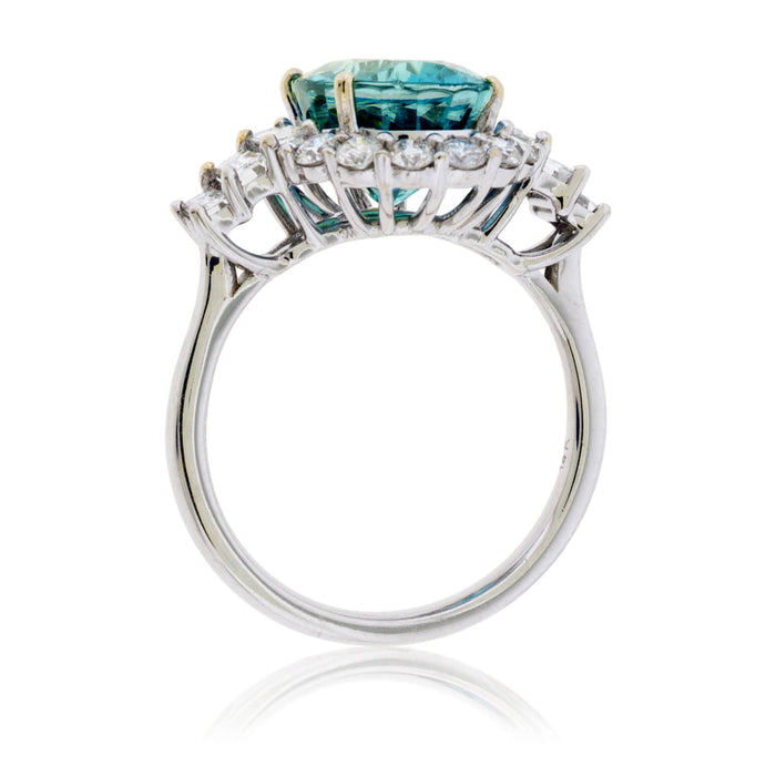 Blue Zircon, Diamond Halo and Baguette Diamond Accented Ring - Park City Jewelers