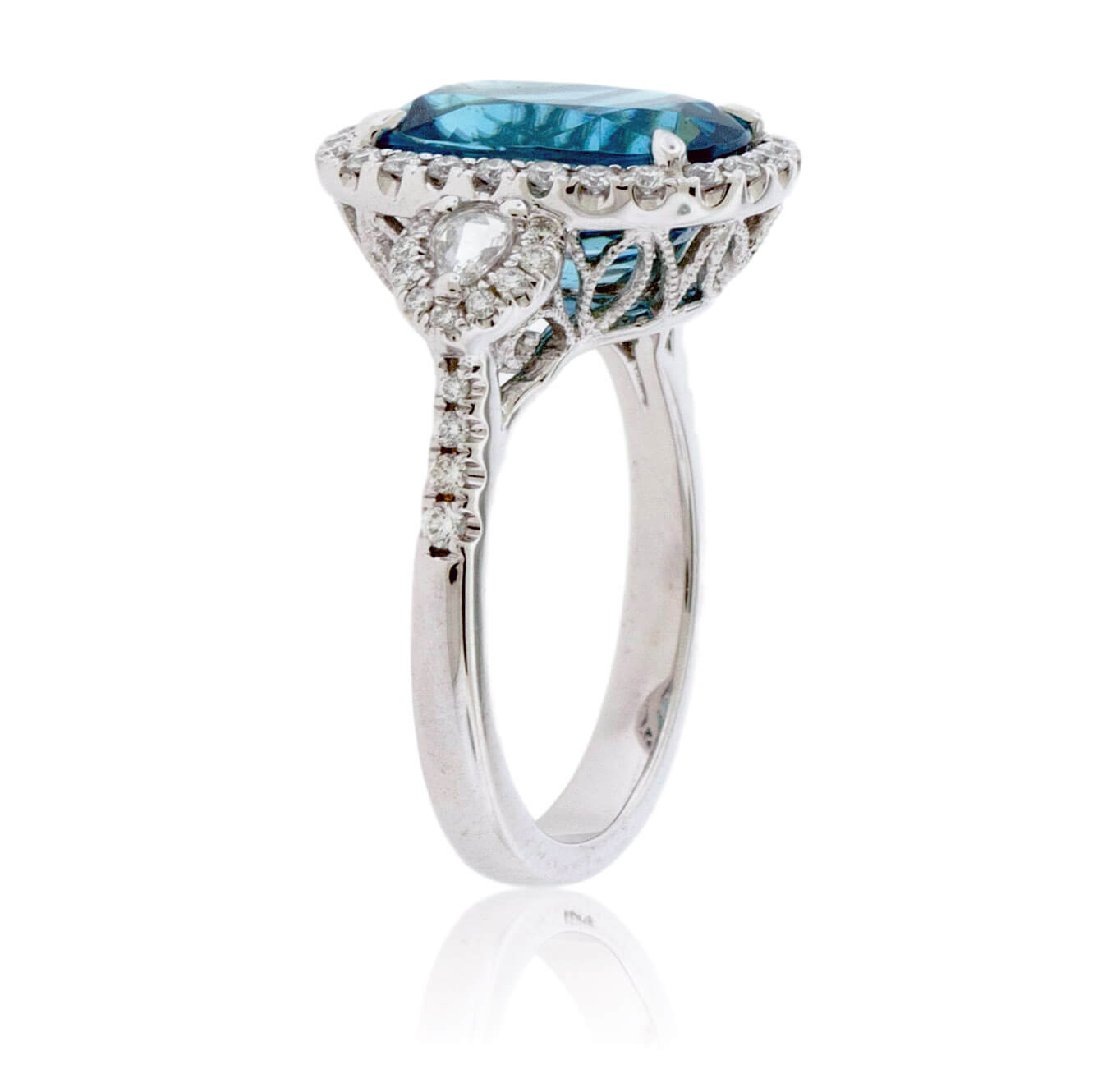 Blue Zircon & Diamond Halo Three Stone Ring - Park City Jewelers