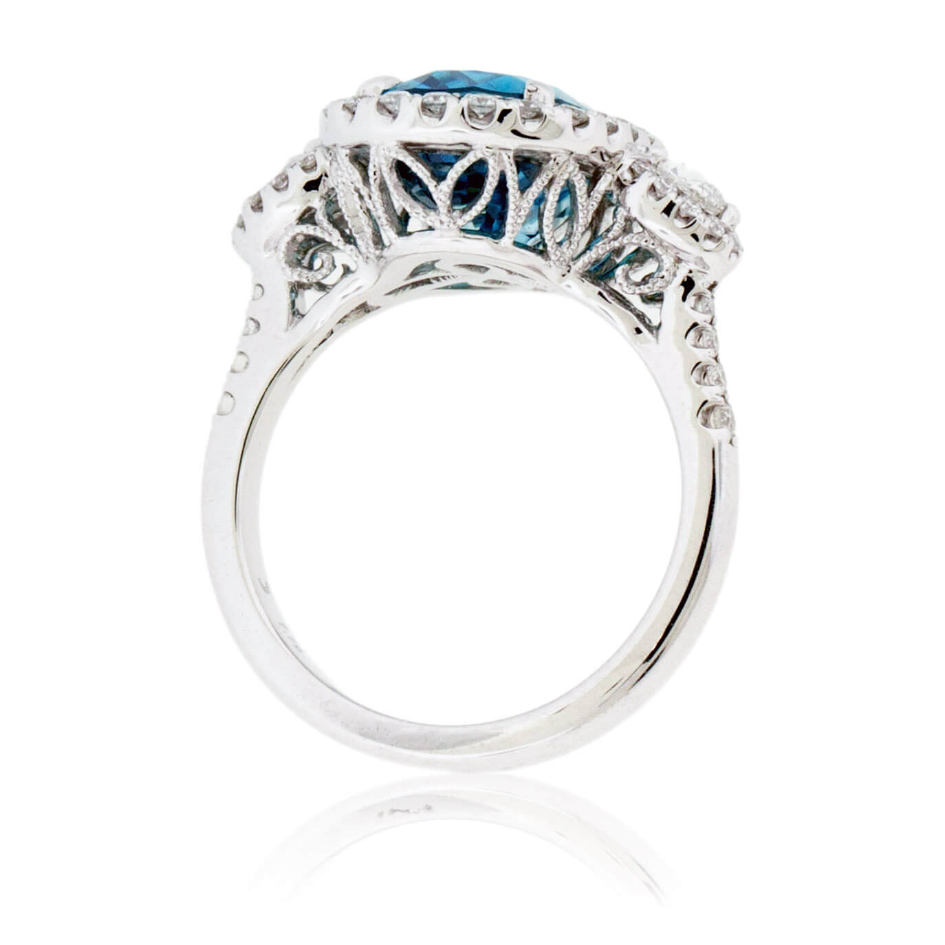 Blue Zircon & Diamond Halo Three Stone Ring - Park City Jewelers