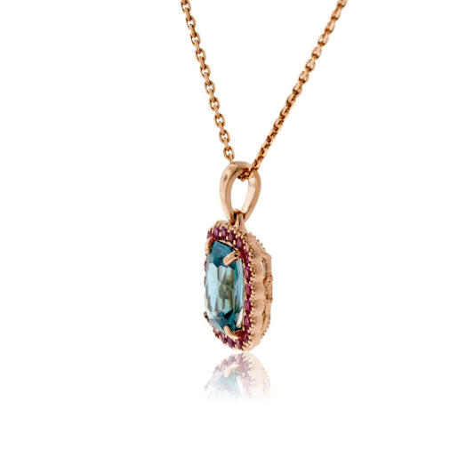 Blue Zircon with Pink Sapphire Halo Pendant - Park City Jewelers