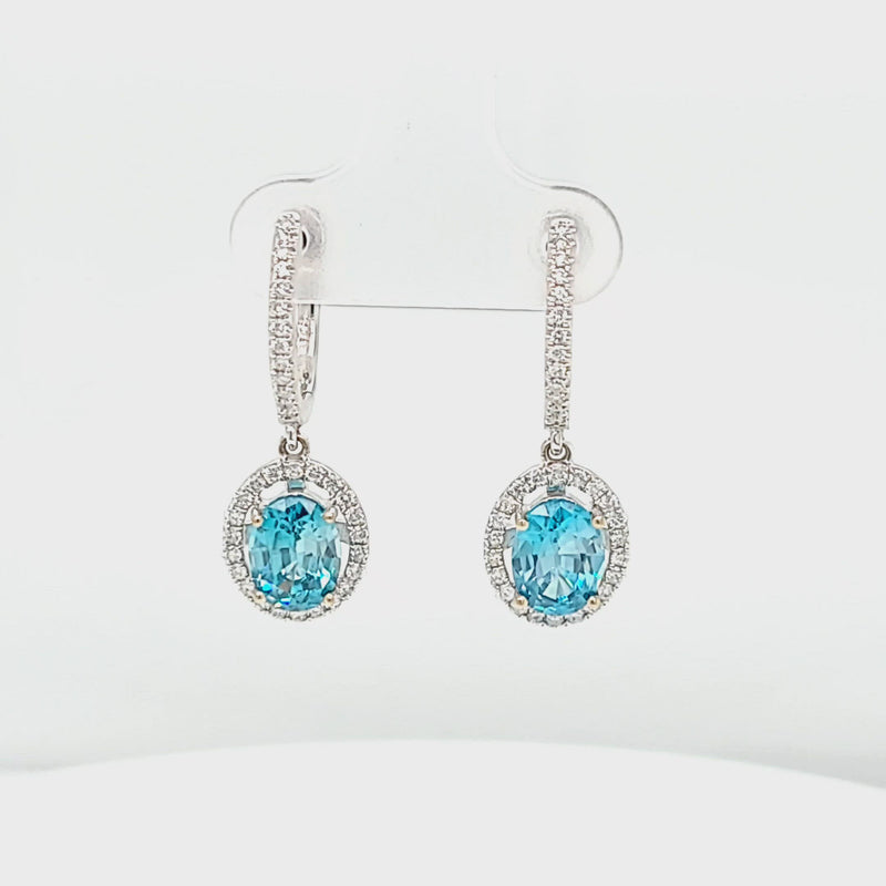 Oval Blue Zircon & Diamond Halo Dangle Earrings