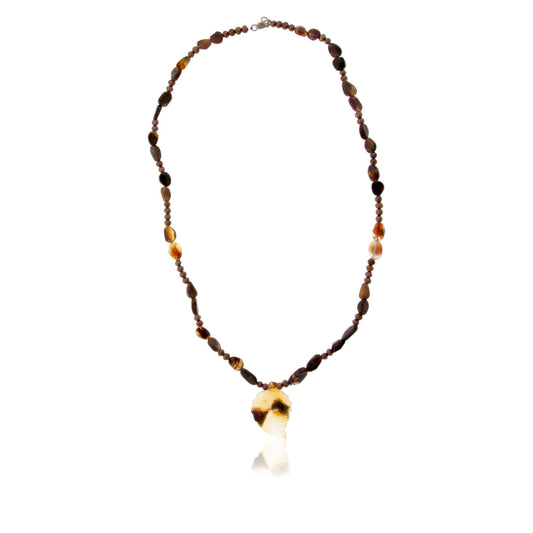 Carved Natural Spotted Agate Leaf with Fire Agate & Chocolate Pearls - Park City Jewelers