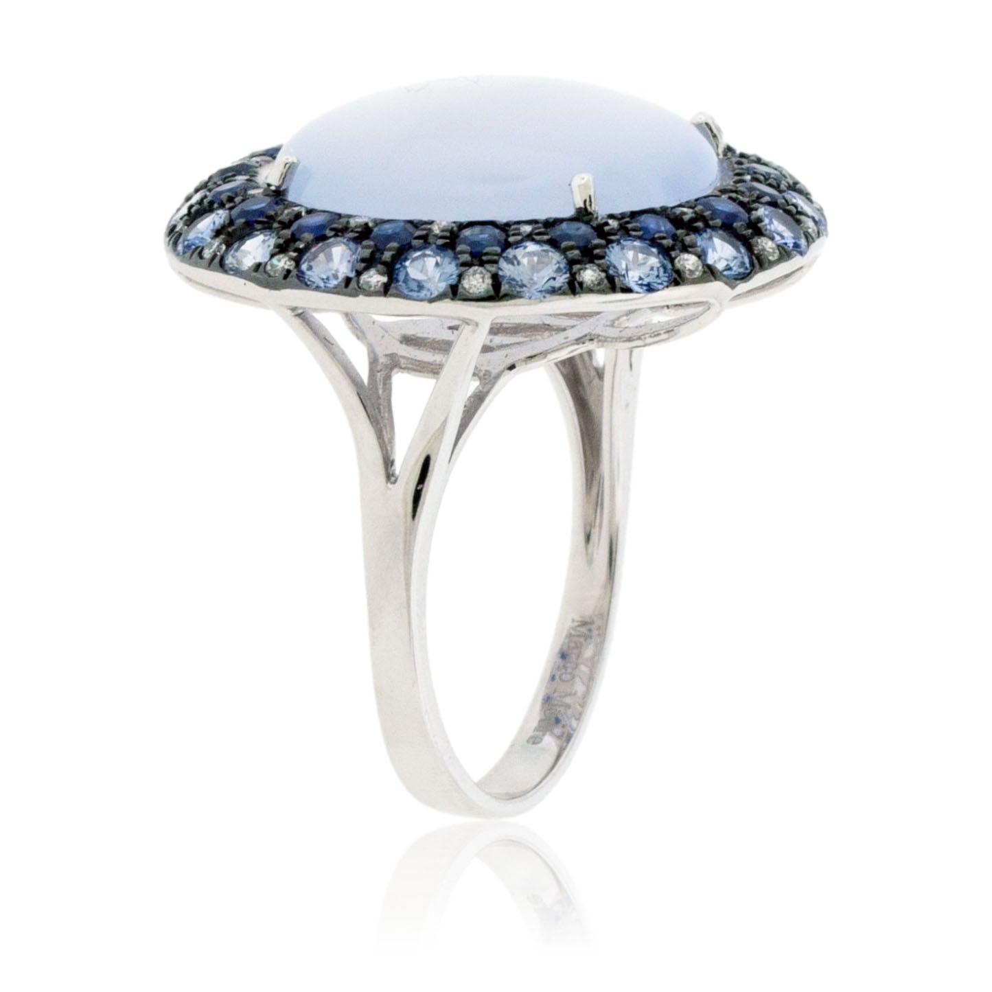 Chalcedony Cabochon Ring with Diamond & Sapphire Halo - Park City Jewelers
