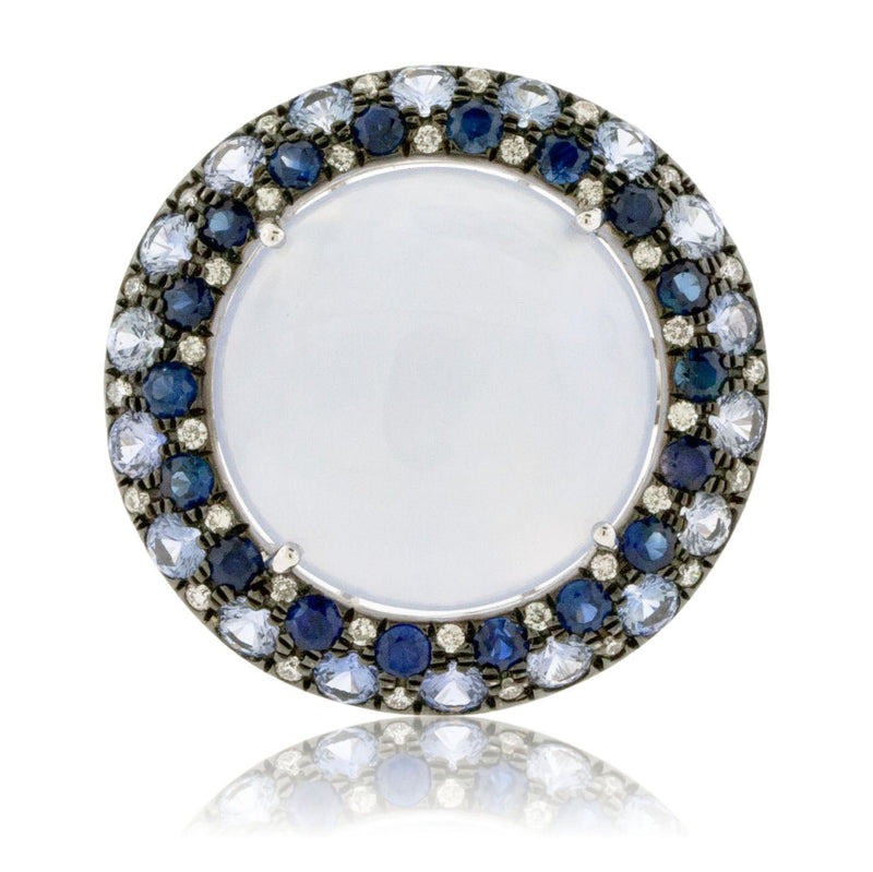 Chalcedony Cabochon Ring with Diamond & Sapphire Halo - Park City Jewelers