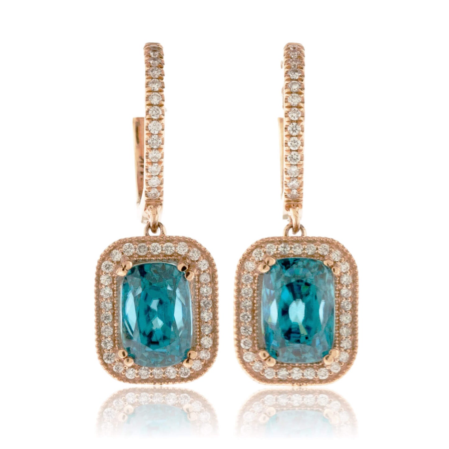 Cushion Cut Blue Zircon & Diamond Halo Dangle Earrings - Park City Jewelers