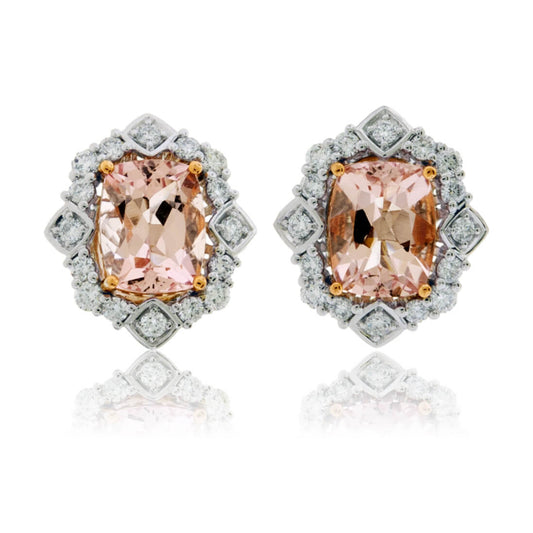 Cushion Cut Morganite & Diamond Vintage Inspired Halo Stud Earrings - Park City Jewelers