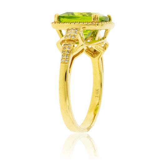 Cushion Cut Peridot and Diamond Halo Gold Ring - Park City Jewelers