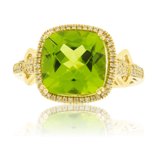 Cushion Cut Peridot and Diamond Halo Gold Ring - Park City Jewelers