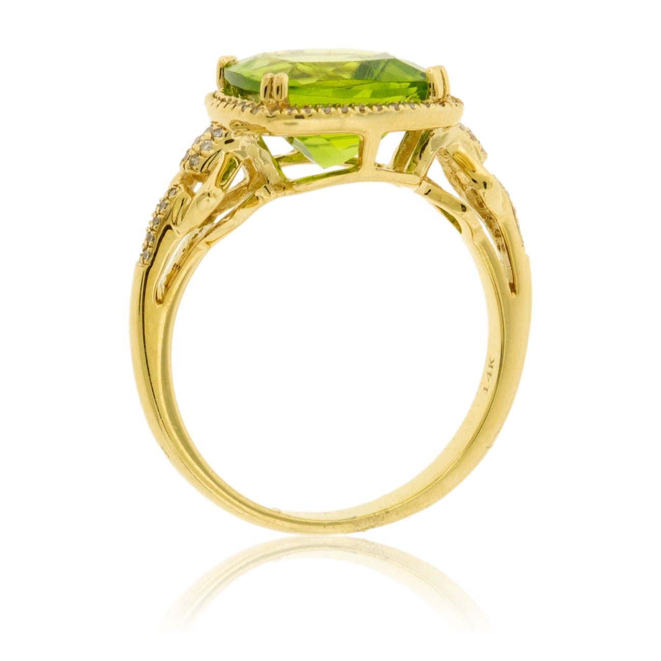 Cushion Cut Peridot and Diamond Halo Gold Ring - Park City Jewelers