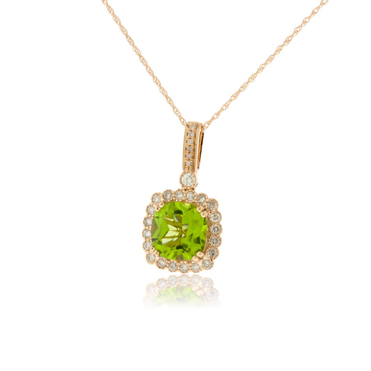 Cushion Cut Peridot & Milgrain Style Diamond Halo Pendant - Park City Jewelers
