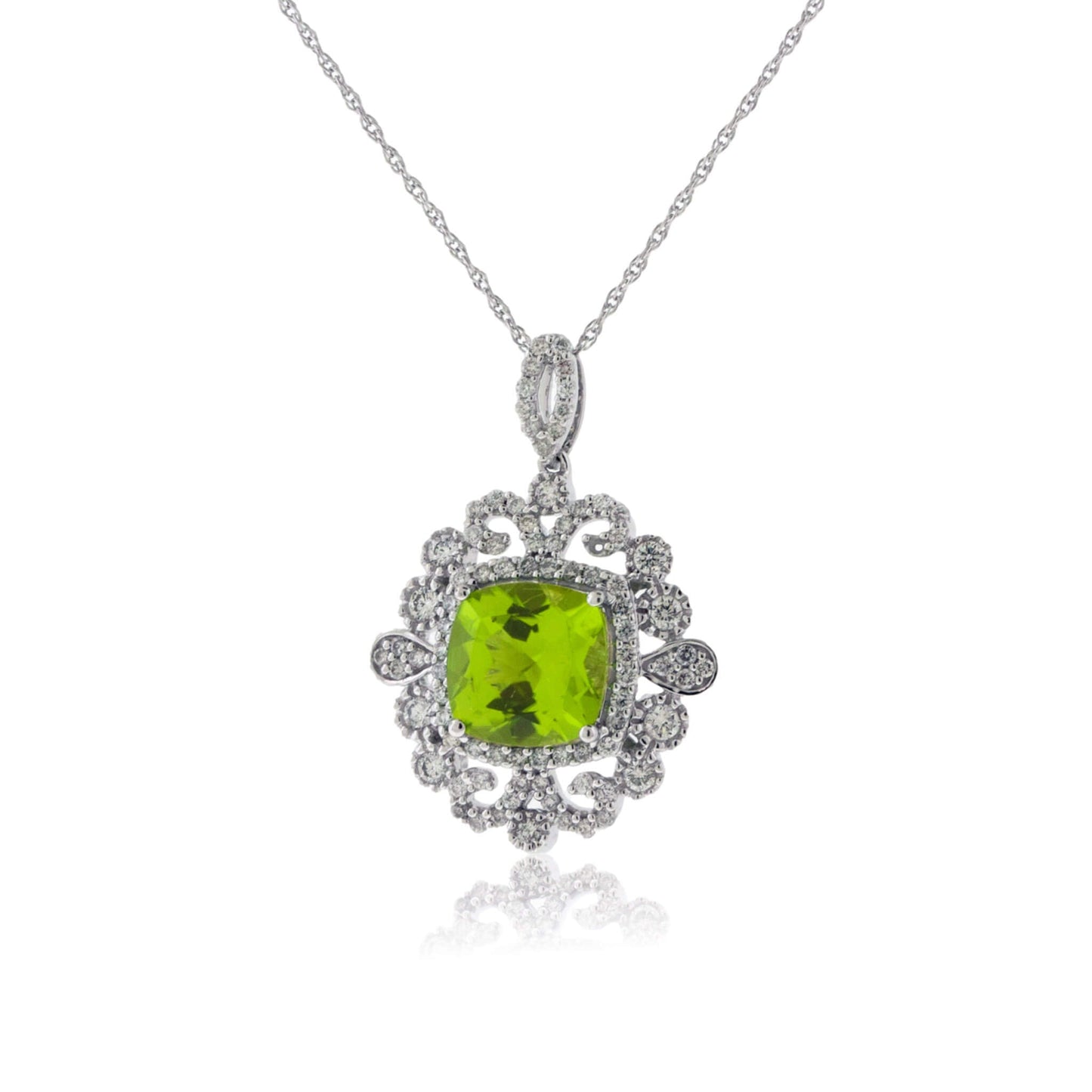 Cushion-Cut Peridot & Vintage Inspired Diamond Halo Pendant - Park City Jewelers
