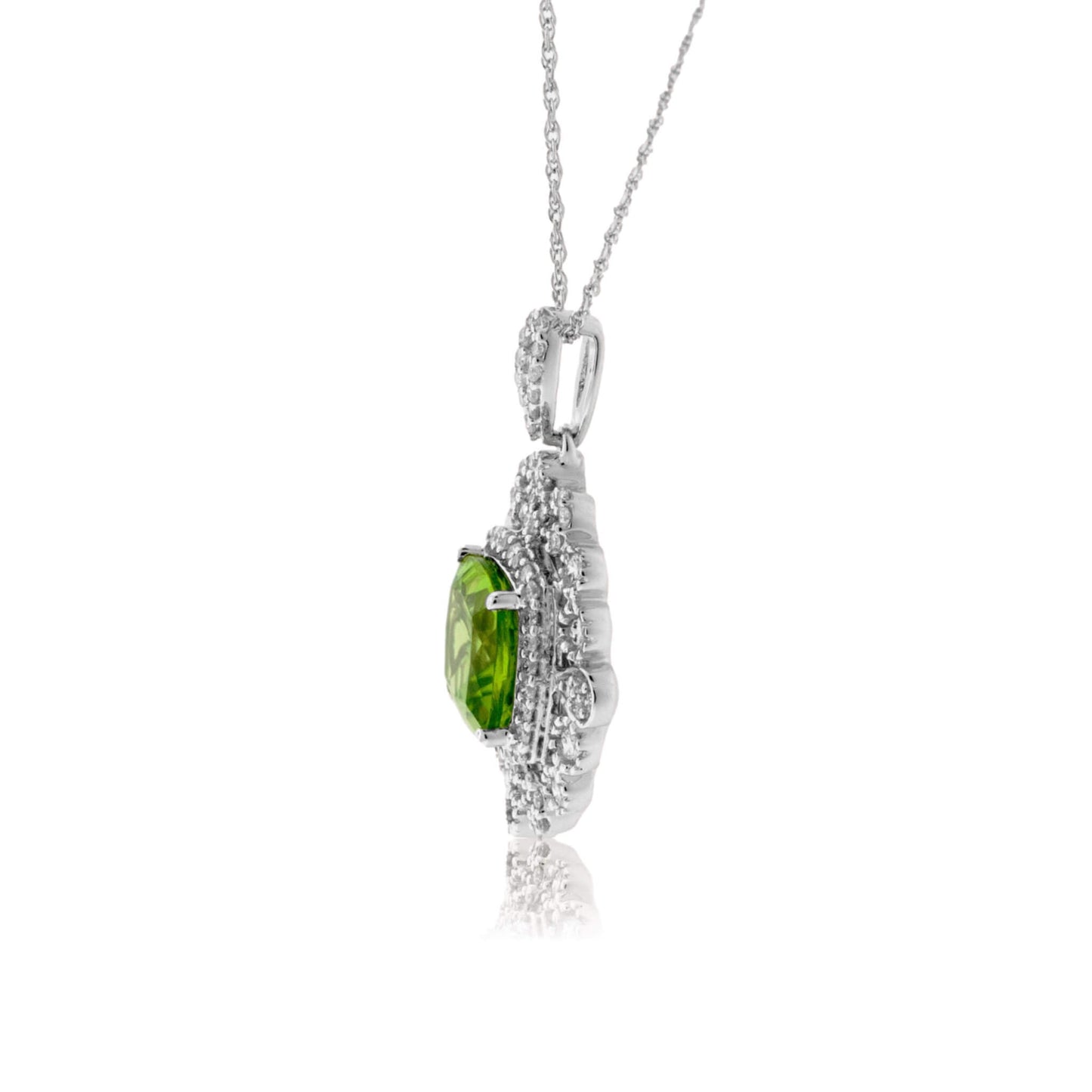 Cushion-Cut Peridot & Vintage Inspired Diamond Halo Pendant - Park City Jewelers