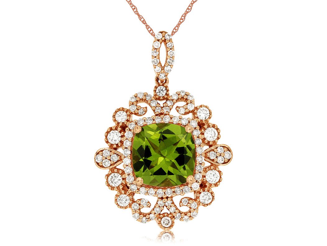 Cushion-Cut Peridot & Vintage Inspired Diamond Halo Pendant - Park City Jewelers