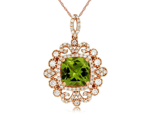 Cushion-Cut Peridot & Vintage Inspired Diamond Halo Pendant - Park City Jewelers