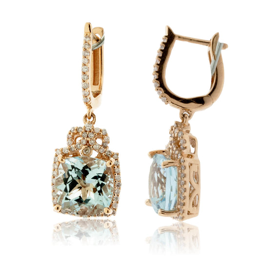 Cushion Shaped Aquamarine Drop Diamond Halo Earrings - Park City Jewelers