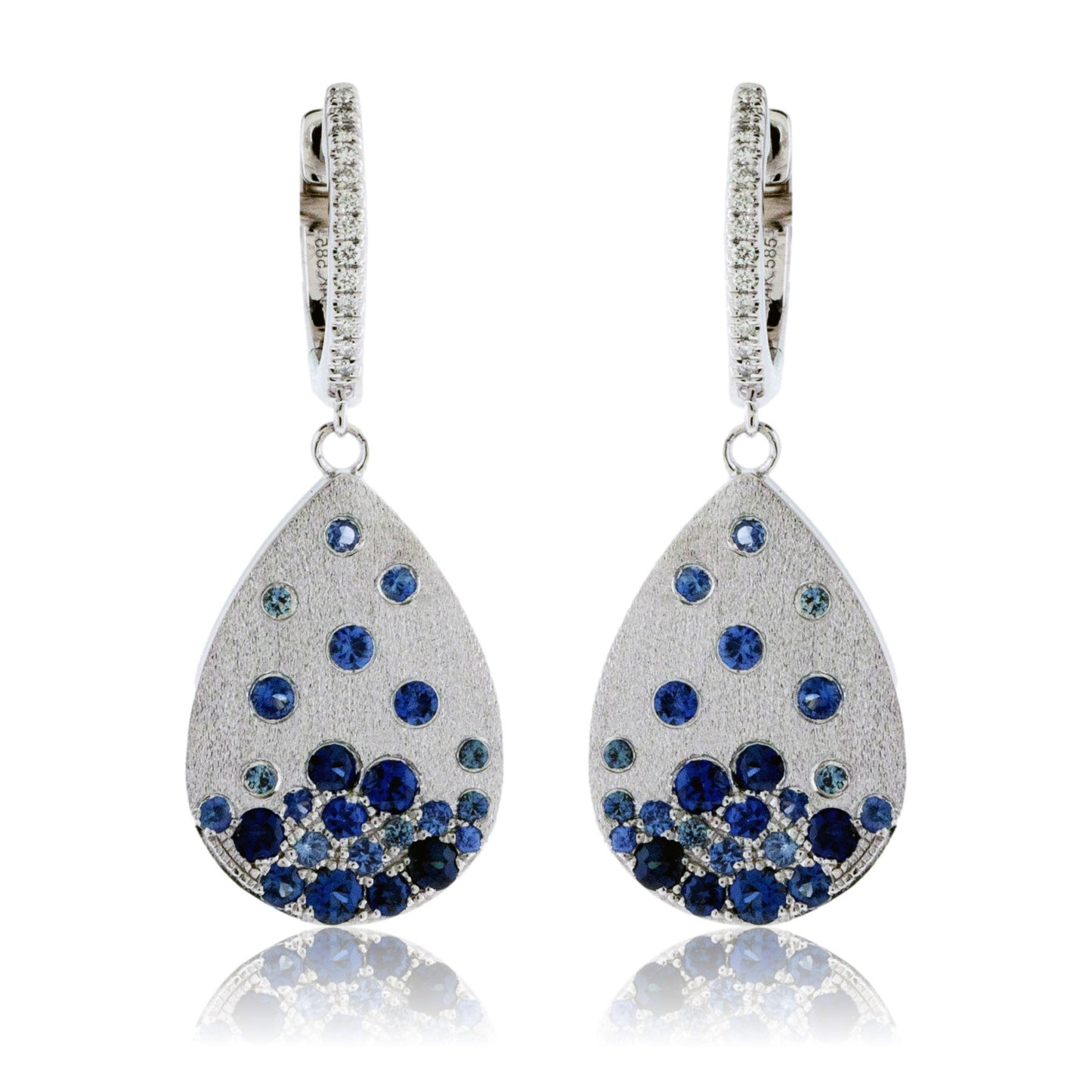 Dangle White Gold Satin Finish Flush Set Blue Sapphire Earrings - Park City Jewelers