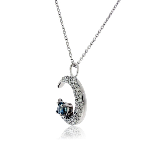 Diamond Crescent Moon Pendant with Blue Sapphire Accent - Park City Jewelers