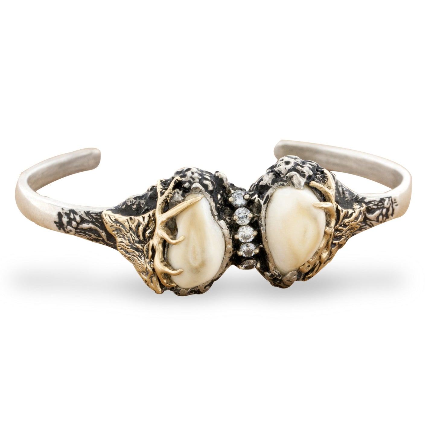 Double Elk Ivory Tooth Bracelet with Center Stones - Park City Jewelers