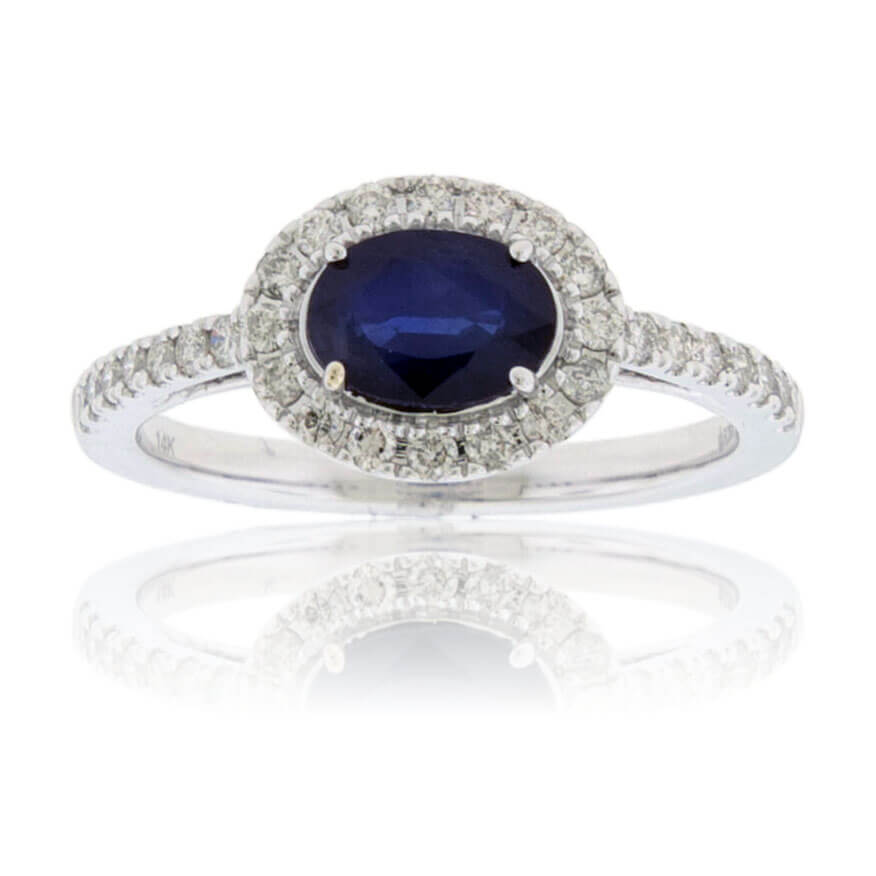 East / West Oval Blue Sapphire & Diamond Halo Ring - Park City Jewelers