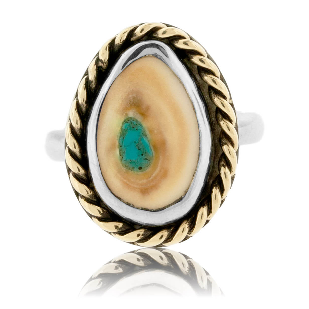 Elk Ivory Tooth Trophy Braided Ring with Turquoise Inlay - Park City Jewelers