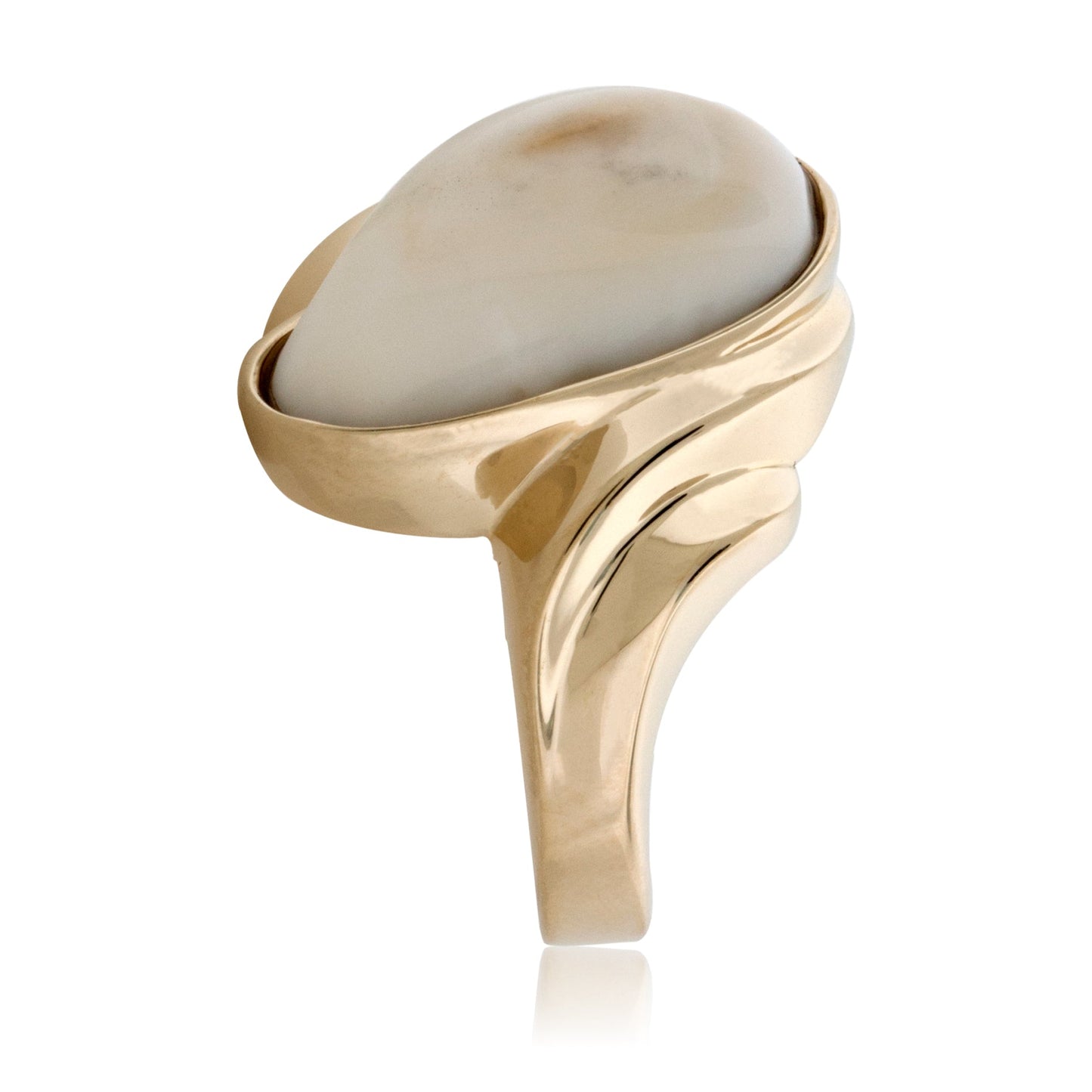 Side profile of the 14K yellow gold elk ivory wave ring, showing the fluid, sculptural design of the band.