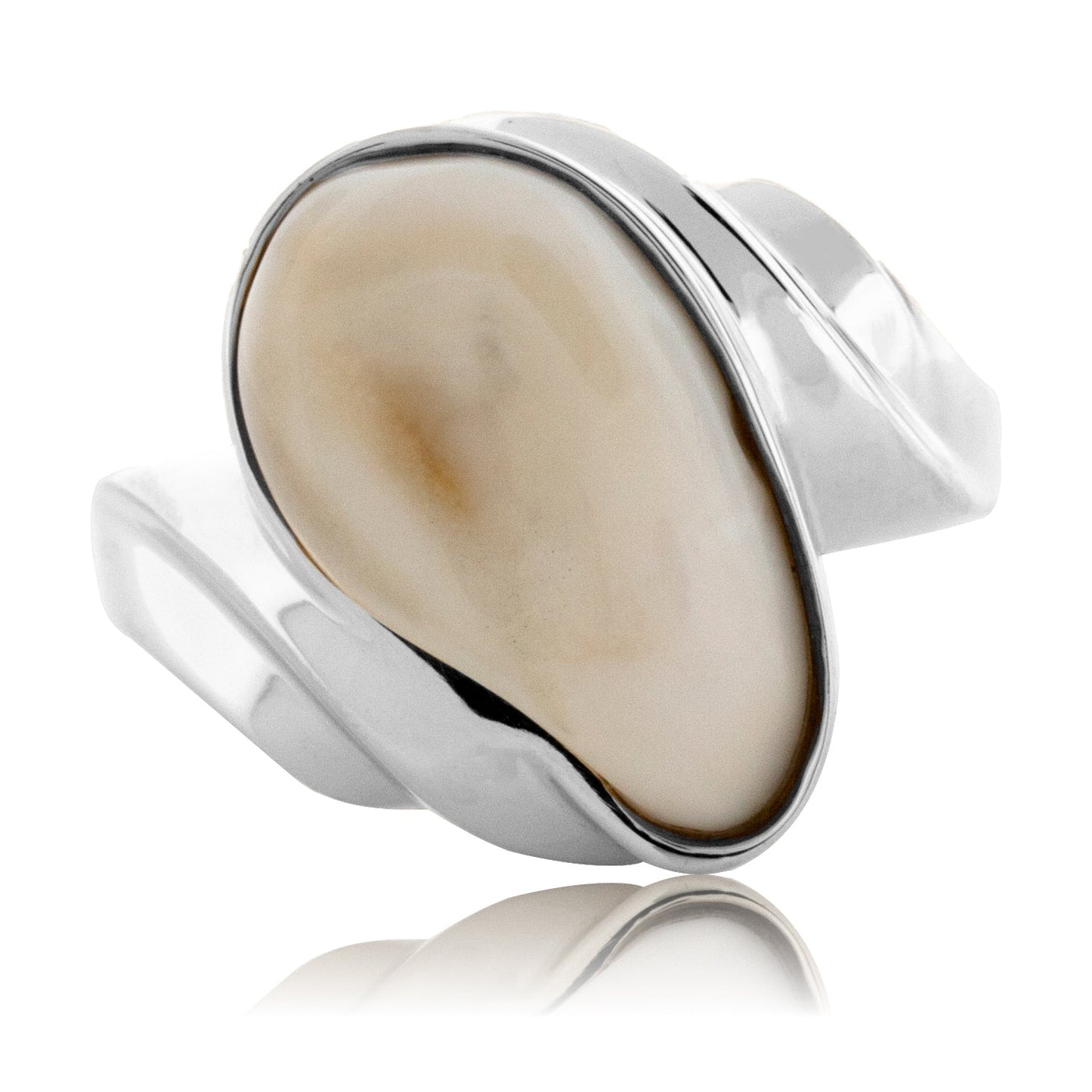 A modern sterling silver wave ring featuring a large, organically shaped elk ivory held between two sweeping polished bands.