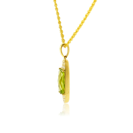 Elongated Cushion-Cut Peridot & Vintage Inspired Diamond Pendant - Park City Jewelers
