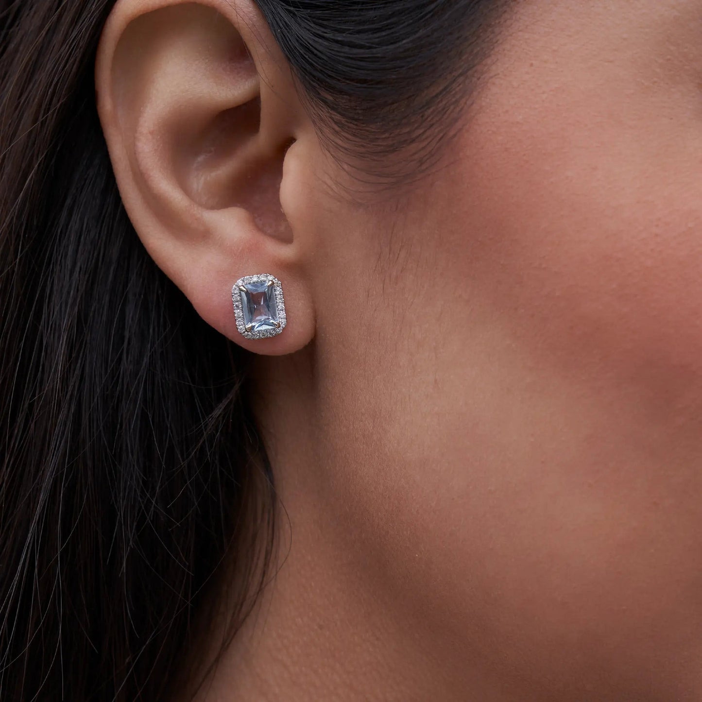 Emerald-Cut Aquamarine and Diamond Halo Stud Earrings - Park City Jewelers