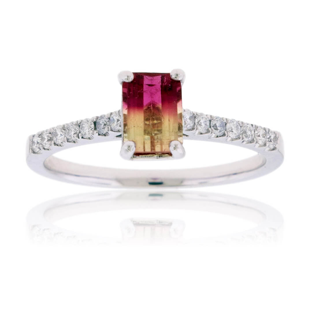 Emerald-Cut BiColor Tourmaline & Diamond Lined Ring - Park City Jewelers