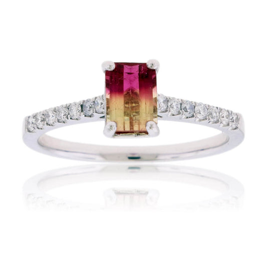 Emerald-Cut BiColor Tourmaline & Diamond Lined Ring - Park City Jewelers