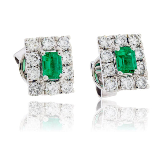 Emerald-Cut Emerald and Diamond Halo Square Stud Earrings - Park City Jewelers