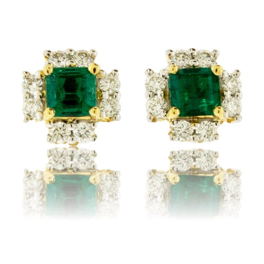 Emerald-Cut Emerald and Diamond Square Stud Earrings - Park City Jewelers