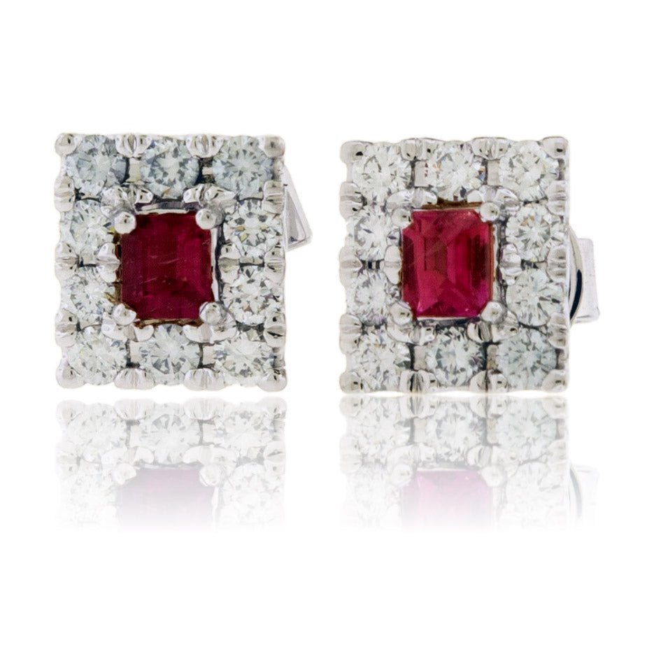 Emerald-Cut Red Emerald and Diamond Halo Square Stud Earrings - Park City Jewelers