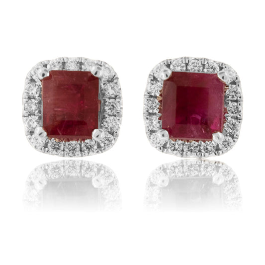 Emerald-Cut Red Emerald and Diamond Halo Stud Earrings - Park City Jewelers